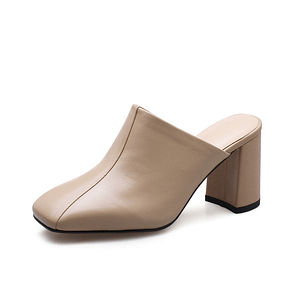 ISNOM Summer High Heels Women Slipper Square Toe Hoof Heels Outside Slides Footwear Genuine Leather Fashion Ladies Mules Shoes