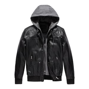 Detachable Hood Men's PU Leather Hooded Jacket Plus Velvet Leather Jacket
