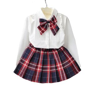 Humor Bear Autumn Kids Baby Girl Clothes Long Sleeve T-shirt+Grid Skirt +bowknot Casual suits Student Girls' Clothing Sets