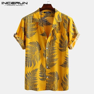 INCERUN Men Short Sleeve Lapel Printed Shirt Tropical Leaf Pattern Floral Shirt Casual Summer Hawaiian Holiday Camisa Tops S-5XL