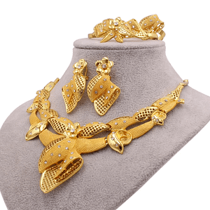 Jewelry sets new Dubai 24K Gold color Ornament for women necklace earrings bracelet ring African wedding wife gifts jewelery set (Gold-color)
