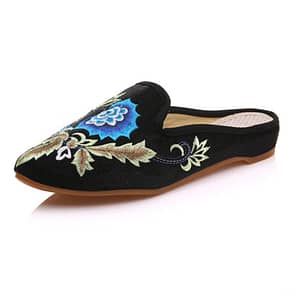 TIMETANG Women Summer Slippers Pointed Toe Floral Embroidered Faux Suede Sandals Comfort Slip-on Cotton Zapatillas Woman E180