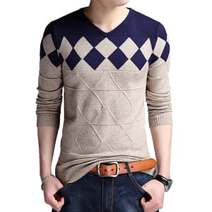 BROWON Autumn Vintage Sweater Men Collarless Sweater Christmas Sweaters Fashion V-neck Casual Slim Sweaters Men for Business