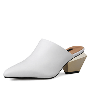 ISNOM Genuine Leather Slippers Woman Pointed Toe Footwear Strange Heels Slides Shoes Female Mules Shoes Women Summer 2021 White