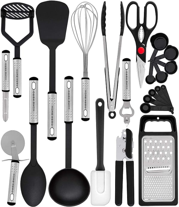 24 Nylon and Stainless Steel Utensil Set, Non-Stick and Heat Resistant Cooking Utensils Set, Kitchen Tools, Useful Pots and Pans