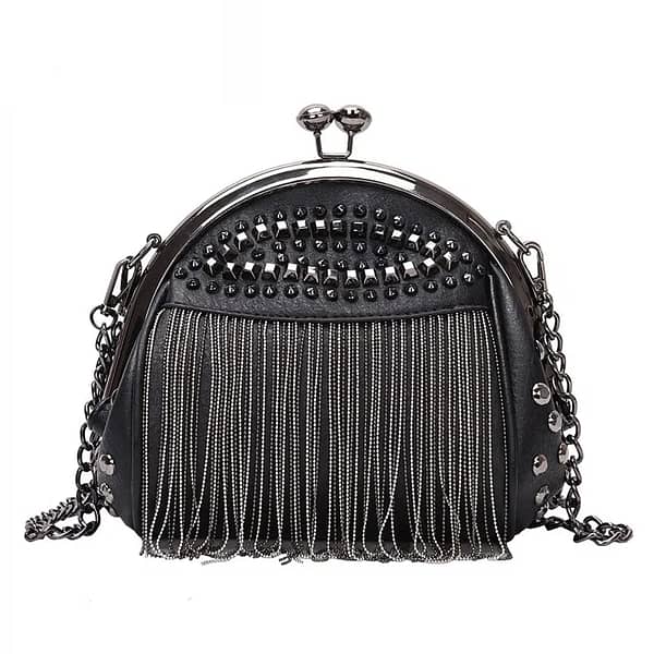 Gykaeo Luxury Handbags Women Bags Designer Punk Style Chains Shoulder Bag Ladies Small Rivet Tassel Cross Body Bag Sac A Main (Black About 23x18x10CM)