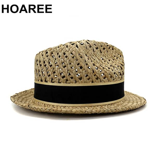 HOAREE Straw Trilby Hat Men Sunhat Womens Summer Hats Hollow Out Male Female British Style Beach Holiday Seaside Fedora (58cm)