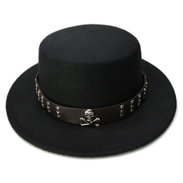 LUCKYLIANJI Women Men Vintage 100% Wool Wide Brim Top Cap Pork Pie Pork-pie Bowler Hat Skull Bead Leather Band (57cm/Adjust)
