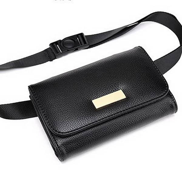 FUNMARDI High Quality Luxury Leather Waist Packs Simple Fashion Women Bags Famous Brand Belt Waist British Casual Bags WLAM0113 (Black)