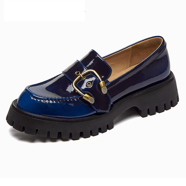 Meotina Block Heel Pumps Patent Leather Platform Mid Heel Shoes Women Round Toe Leisure Shoes Lady Buckle Footwear Blue Size 40