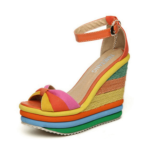 TIMETANG Platform Sandal Summer Ladies Shoes Bohemia Rainbow Thick Sole Sponge High Heel Wedge Open Toe Women Sandals