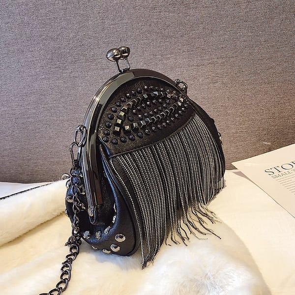 Gykaeo Luxury Handbags Women Bags Designer Punk Style Chains Shoulder Bag Ladies Small Rivet Tassel Cross Body Bag Sac A Main (Black About 23x18x10CM)