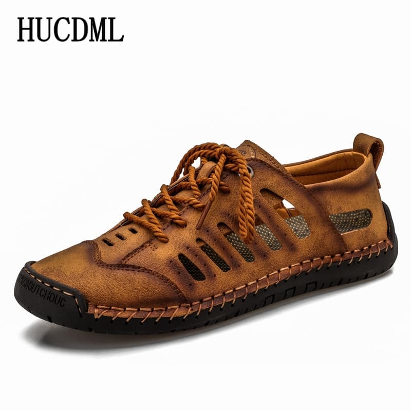 HUCDML Summer Men Leather Casual Shoes Hollow Breathable Soft Moccasins Flats Lace Up Mens Shoes Big Size 38-48