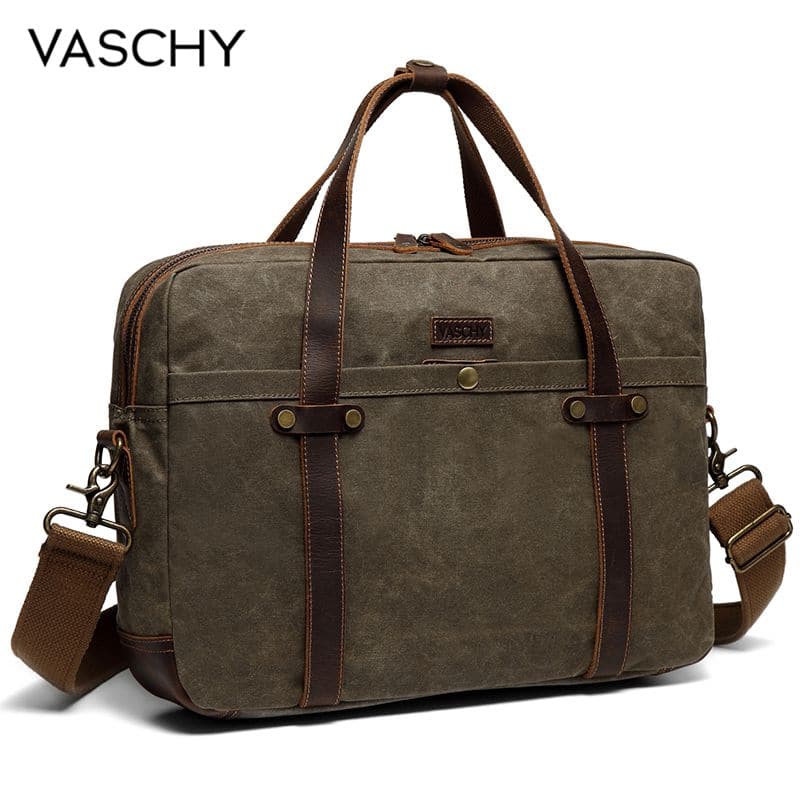 VASCHY Briefcase for Men Water Resistant Waxed Canvas Messenger Bag Fits 15.6 in Laptop Man Bag Vintage Leather Bag Briefcases
