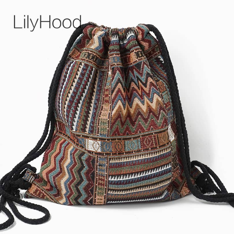 LilyHood Women Fabric Backpack Female Gypsy Bohemian Boho Chic Aztec Ibiza Tribal Ethnic Ibiza Brown Drawstring Rucksack Bags