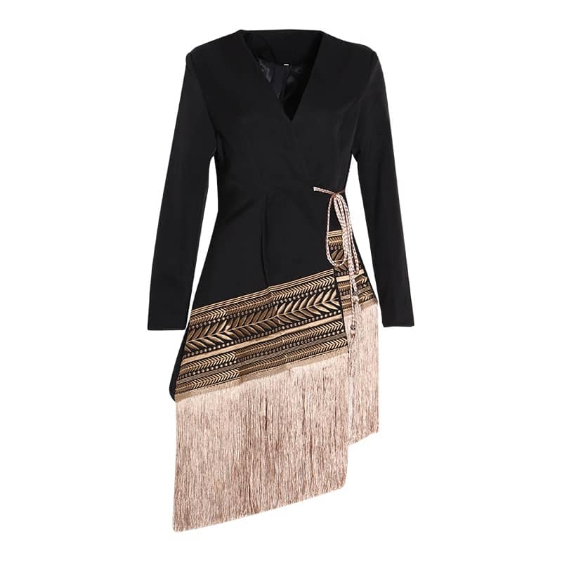TWOTWINSTYLE Loose Fit Spliced Contrast Color Tassel Belt Jacket New V-neck Long Sleeve Women Coat Fashion Autumn Winter 2020