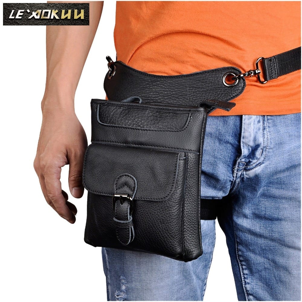 Real Leather Men Design Casual Messenger Shoulder Sling Bag Fashion Multifunction Waist Belt Pack Drop Leg Bag Pad Pouch 211-12