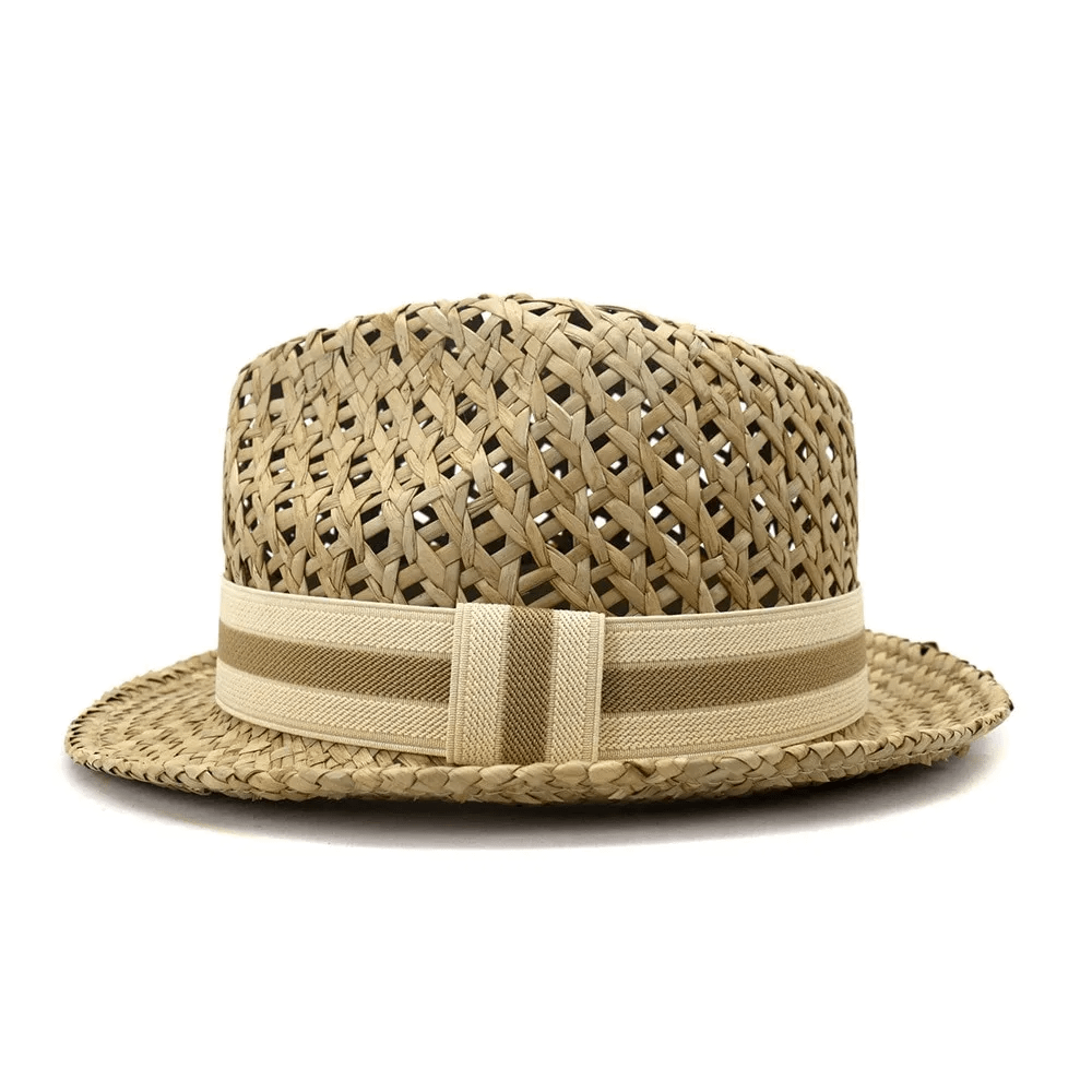 HOAREE Men Women Straw Sun Hat British Style Trilby Hat Summer Beach Hand Knitting Hollow Out Casual Unisex Porkpie Jazz Hat (58cm)