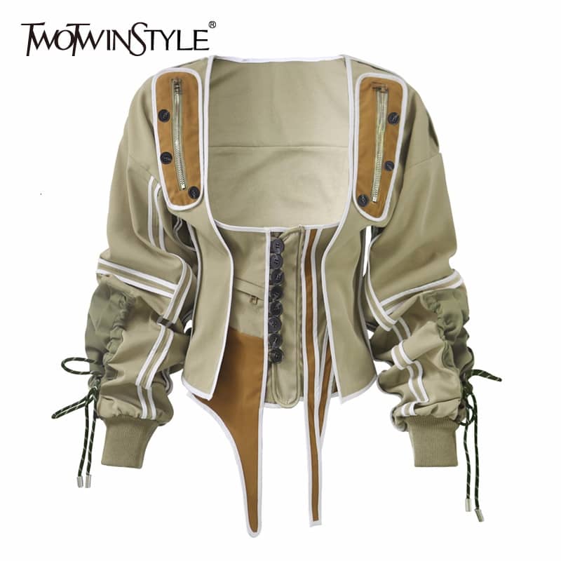 TWOTWINSTYLE Casual Patchwork Hit Color Irregular Jacket Women Square Collar Lantern Long Sleeve Lace Up Female Coats 2020 Tide