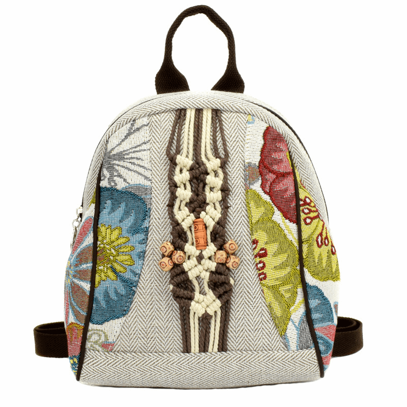 Natural Linen Small Backpack with Wooden Beads for Women Teenager Miao Crochet Rope Details Daily Boho Gypsy Tribal Knapsack Bag