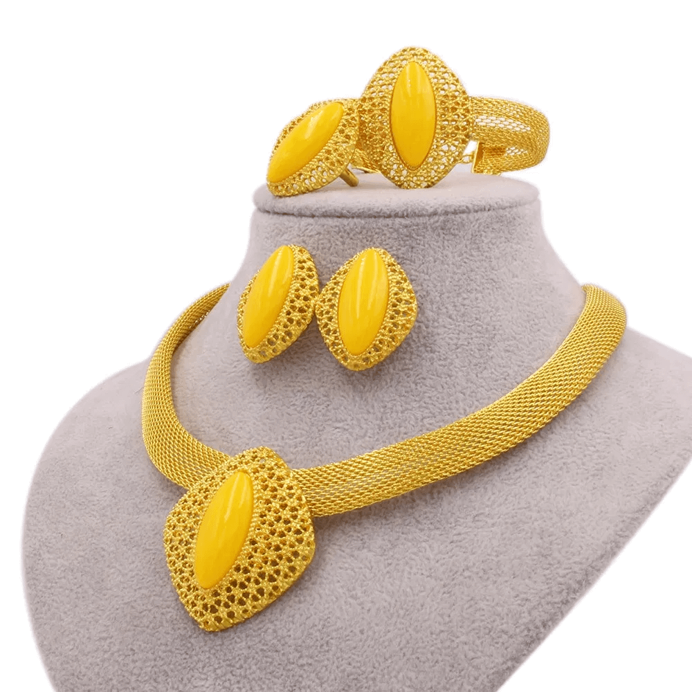 African 24k gold color jewelry sets for women Dubai bridal wedding wife gifts gem necklace bracelet earrings ring jewellery set (Gold-color)