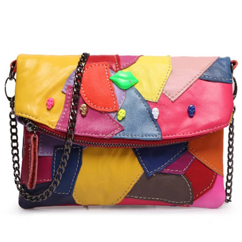 Fashion Natural Leather Women Handbag Colorful Patchwork Girls Real Sheepskin Shoulder Purse Messenger Bags Femal Summer Bag