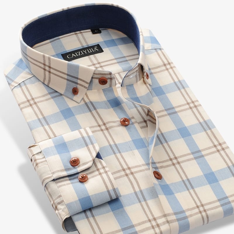 Men's 100% Cotton Long Sleeve Contrast Plaid Checkered Shirt Pocket-less Design Casual Standard-fit Button Down Gingham Shirts