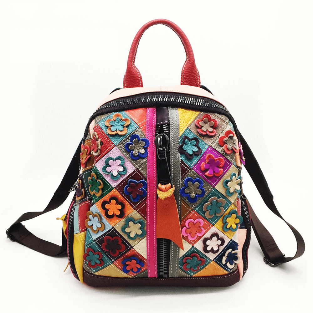 Female Multi-color Genuine Leather Backpack Tide Lady Floral Vintage Zipper Real Leather Knapsack College School Book Bag