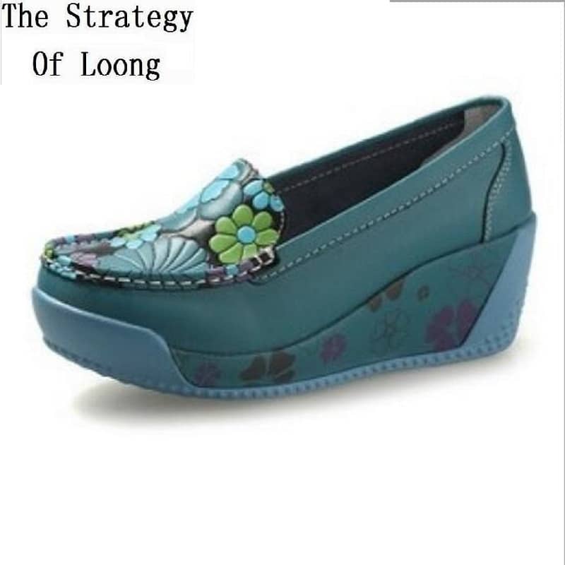 Spring Autumn Retro Genuine Leather Print Flowers Sewing Shallow Increasing High Women Pumps Slip-On Wedges Lady Shoes 20190620