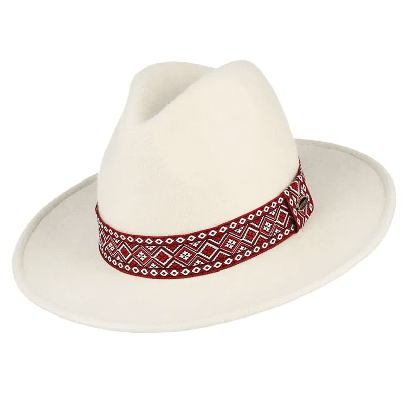 GEMVIE Vintage 100% Wool Wide Brim White Fedora Hat For Women Felt Hat With Red Band Jazz Cap New Fashion Man Panama Hat (White 56-58cm(adjustable))