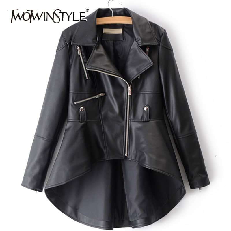 TWOTWINSTYLE 2020 Spring Woman Solid Color Long Sleeve Turn-down Collar Zippers Irregular Hem Loose PU Coat Jacket Fashion New