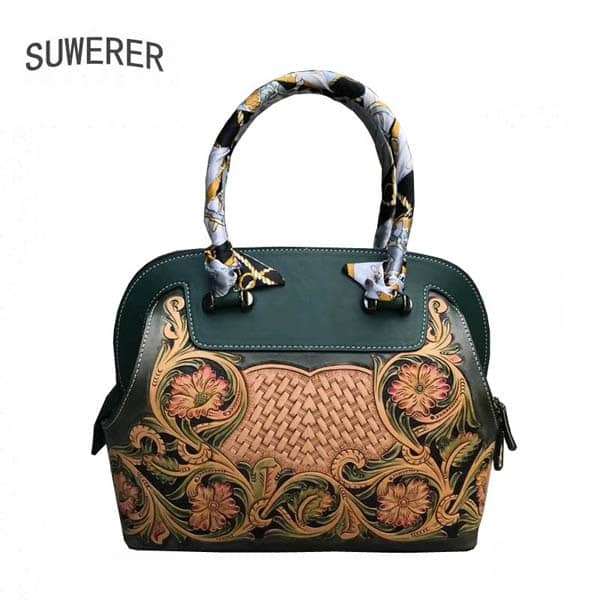 SUWERER New Women Genuine Leather bag fashion real cowhide Luxury handbags women famous brand leather bag Hand carved bags