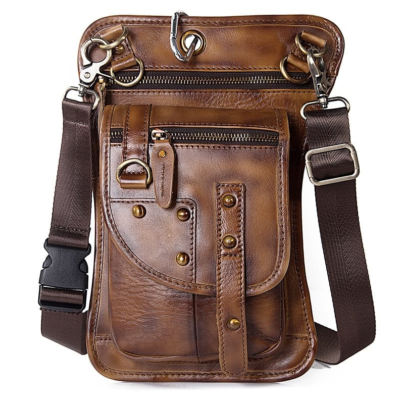 Genuine Leather Multipurpose Men Travel Mochila Crossbody Messenger Bag Hook Belt Waist Pack Drop Leg Phone Case Bag 2141-b