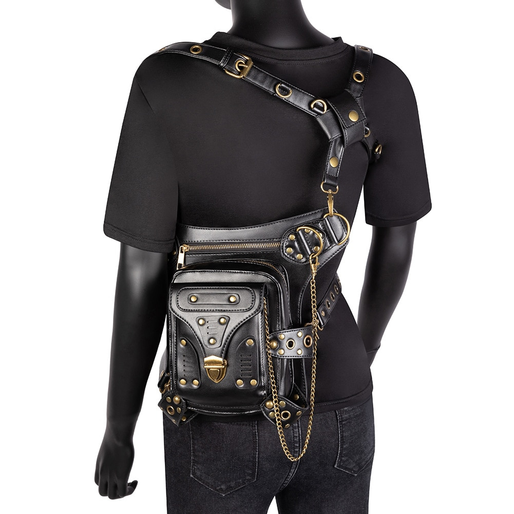 Black Waist Bag Women Gothic Fanny Packs Motorcycle Hip Leg Bag
